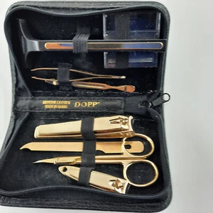 Dopp Mens Buxton Gold Toned 8-Piece Genuine Black Leather Travel Manicure Set - Picture 1 of 8