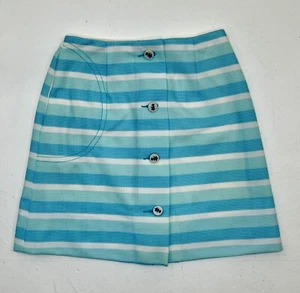 VTG 60s Mod GoGo Striped Baby Blue Knit Poly Mini Skirt Lined Button Up W24" - Picture 1 of 7