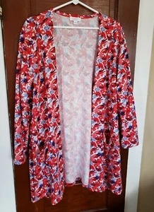 LULAROE Women's L Red Blue White Floral CAROLYN Pocketed Cardigan Sweater - Picture 1 of 4