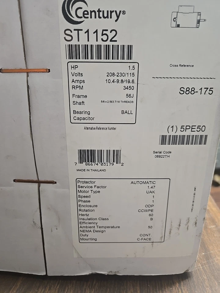 Motor bomba piscina Century ST1152 1,5 HP 1 velocidad 115/230v 56J eje roscado Foto 1 de 1