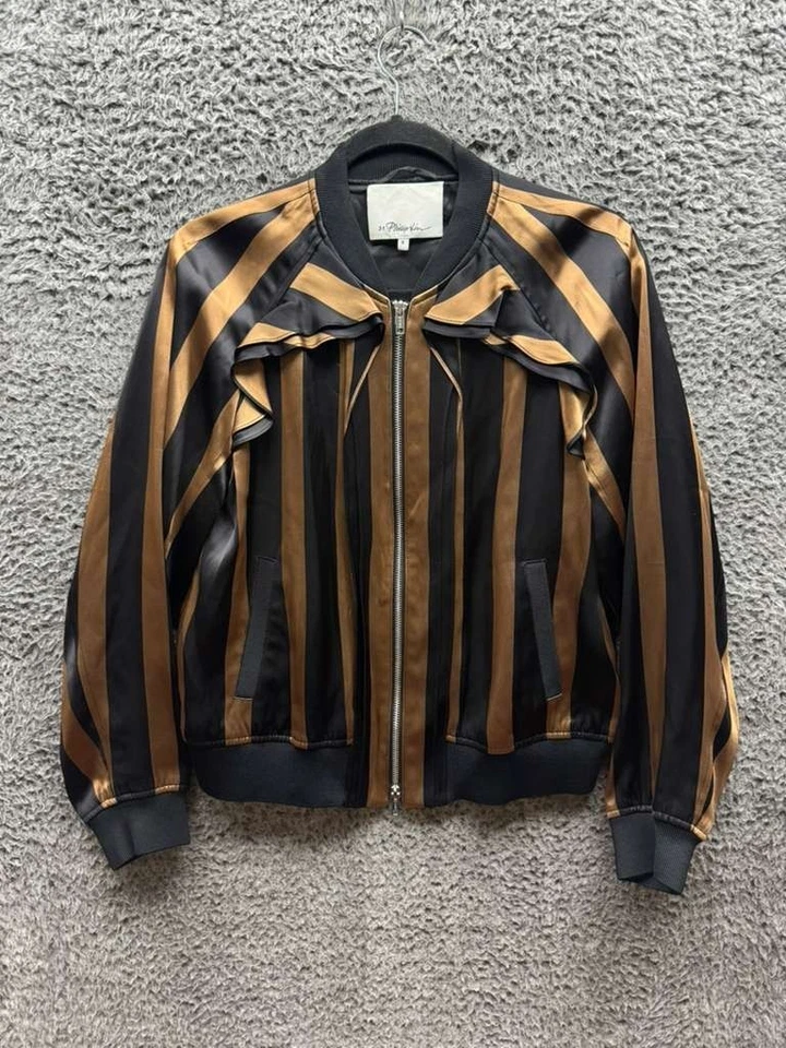 Chaqueta Bomber 3.1 Phillip Lim Volantes Rayas Satén Negra Dorada Para Mujer Talla 8 Foto 1 de 4