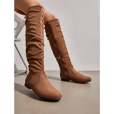 Womens Suede PU Over The Knee Thigh High Boots Classic Flat Zip Winter Boots - Image 1 of 4