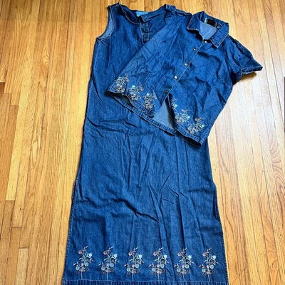 Vintage Jane Ashley Dress Womens Medium Denim Embroidered Floral Cotton Shirt - Image 1 of 4