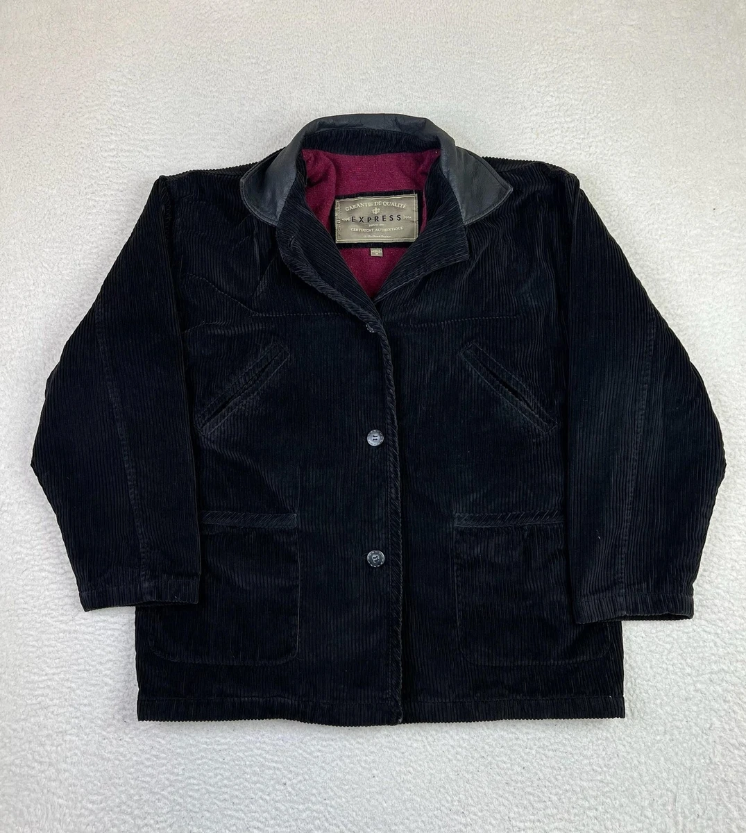 ジャケット・アウター EXPRESS Leather collar corduroy jacket Express Jacket Mens Medium Black Corduroy Leather Collar Quilted