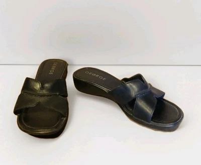 Sandalias de tacón bajo sin cordones de cuero negras George para mujer talla 6,5 A287 Foto 1 de 4
