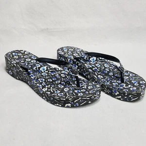 Tory Burch Wedge Sandals Floral Size 11 10.75 inches Black Blue Flowers Thong - Picture 1 of 15