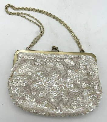 Vintage Retro White Beaded Evening Bag Handbag Gold Chain Strap - Image 1 of 4