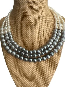 Elegant Multi-Strand White Gray Faux Pearl Bead Statement Necklace Collar Adj 19 - Picture 1 of 4