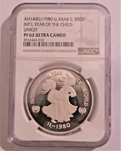 UAE 1980 Silver 50 Dirhams Year of th Child NGC PF62, Mintage only 8031 Pcs - Picture 1 of 2