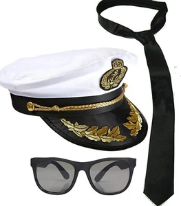 CAPTAIN HAT SAILOR CAP TIE GLASSES NAVY MARINE FANCY DRESS ACCESSORY HEN STAG - Picture 1 of 3