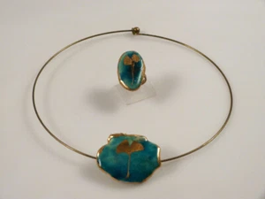 re5/1  EDITH BAERWOLFF  Karlsruher Majolika 2005  Collier + Ring mit Ginkoblatt - Bild 1 von 6