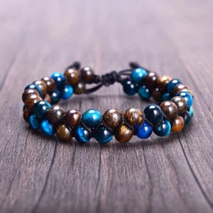 6mm Blue Tiger Eye Bronzite Stone Beads Double Layer Braided Men Bracelet Bangle - Picture 1 of 5