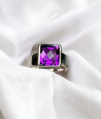 Anillo de amatista natural de regalo unisex de plata 925 con corte de píxeles para hombre y mujer Foto 1 de 4