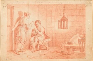 18. Jh. Kunst Frau Schminke Mann, Conte rote Kreide Studie von Rode (1725-1797) - Bild 1 von 12