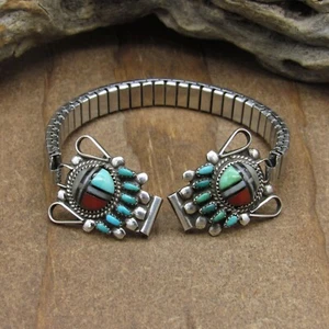 Vintage Sterling Silver Zuni Sunface Kachina Multi Stone Inlay Watch Band+ - Picture 1 of 5