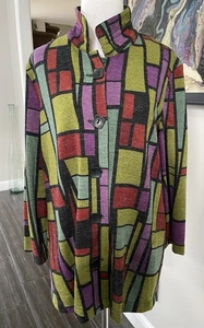 Ali Miles Tunic Jacket Wired Collar Size L Geo Stained Glass Art 2 Wear Pockets - Picture 1 of 20