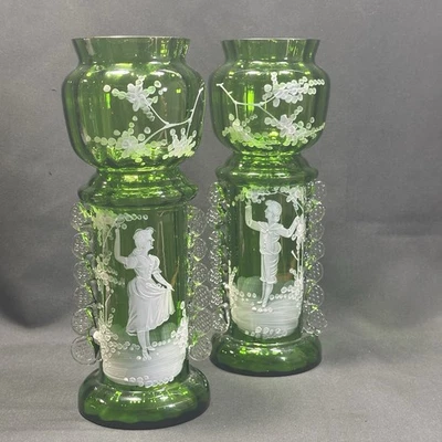 Two Antique Bohemian Mary Gregory Painted Green Glass Victorian Boy/Girl Vases - Image 1 of 4