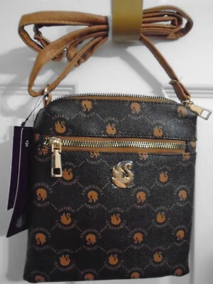 NUEVO Cartera Bandolera con Cisnes Gloria Vanderbilt Logo Dorado Marrón Oscuro Foto 1 de 4