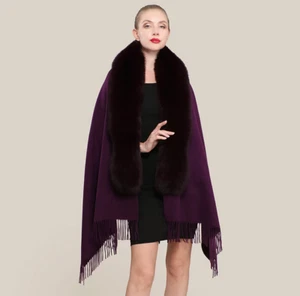 Pure Wool Shawl Fox Fur Collar Scarf Women's Fringed Warm Elegant Cape Wrap Coat - Picture 1 of 21