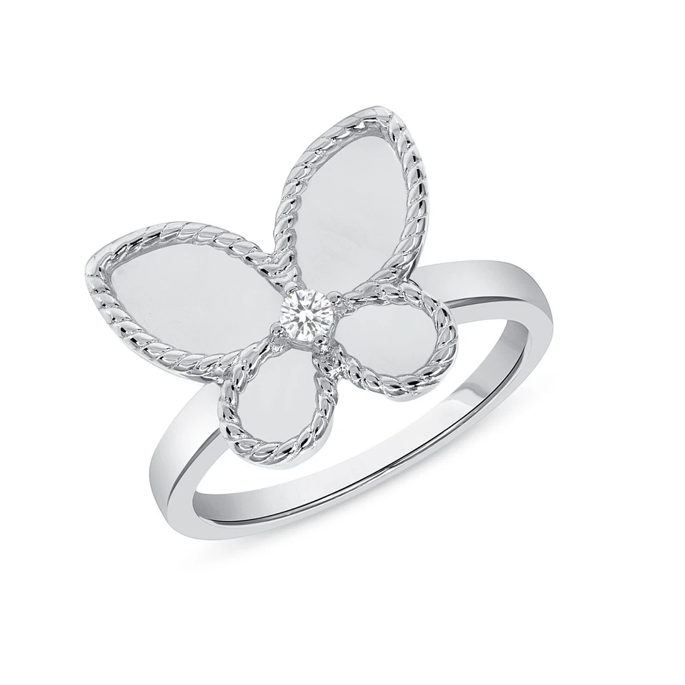925 Sterling Silver Mother of Pearl Butterfly Cz Band Ring Nickel Free - Image 1 of 1