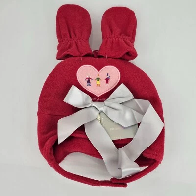 Vintage Baby Gap Valentine's Day Heart Fleece Hat and Mittens Set Lot Red 0-3-6 - Image 1 of 4