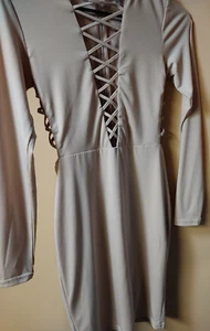 Charlotte Russe Dress XS Bodycon Beige Cream V Neck Midi Tan Zip LACE UP FRONT - Picture 1 of 9