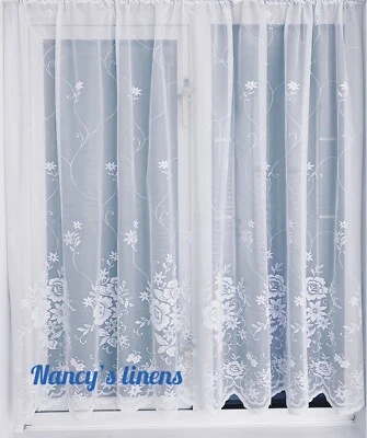 Net Curtain White Heavy Floral design  - SOLD PER METRE - FREE POSTAGE - - Image 1 of 2
