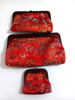 Vintage 3pc Japanese Chinoiserie Red Silk Clutch With Celluloid Clasps Lg is 9x6 - Image 1 of 4