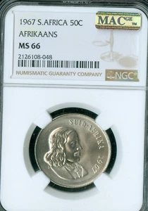 1967 SOUTH AFRICA AFRIKAANS 50 CENTS NGC MS66 PQ MAC SPOTLESS RARE LOW MINTAGE * - Picture 1 of 2