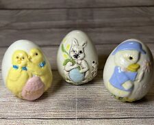 VTG Set 3 Ceramic Easter Eggs Handpainted Rabbit Duck Chicks Embossed 1970s 3.5”