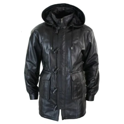 Mens 3/4 Long Leather Duffle Sheepskin Jacket Hooded Coat Safari Detachable Hood - Image 1 of 4