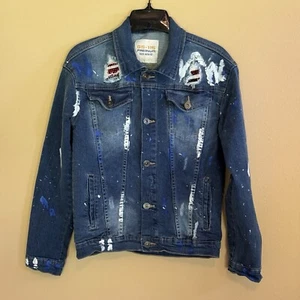 GS-115 Premium Denim Jacket Teen Med 10-12 Blue White Splatter Paint Distressed  - Picture 1 of 22