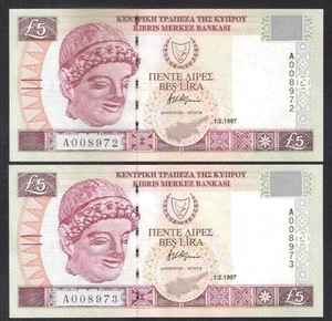 CYPRUS 1997 FIVE POUNDS TWO (2) BANKNOTE CRISP UNC with CONSECUTIVE NUMBERS !!! - Picture 1 of 2