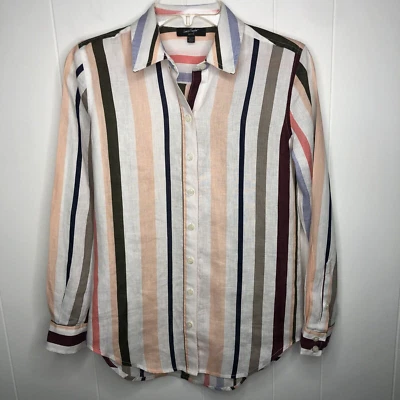 Blusa para mujer Lord & Taylor Petite 100 % lino talla PXS a rayas con botones Foto 1 de 4