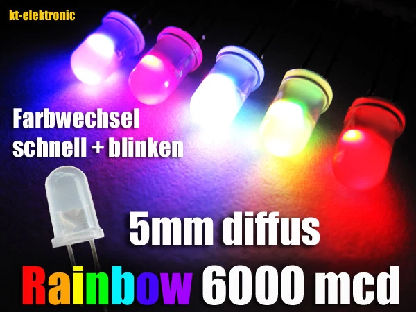 KT-ELEKTRONIC 10 Stück LED 5mm matt/diffus schneller Farbwechsel + Blinken RGB Auto Regenbogen
