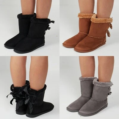 LADIES WOMENS FLAT MID CALF WARM WINTER FUR LINED SNUGG SHOES BOW BOOTS SIZE 3-8