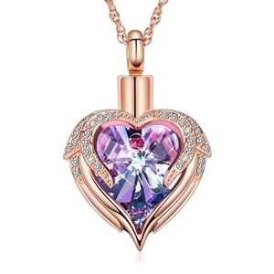 Cremation Jewelry Angel Wing Heart Urn Necklace for Ashes for Women Memorial ... - Picture 1 of 7