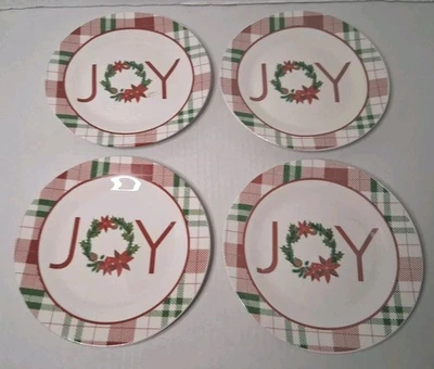 Juego de 4 platos de ensalada Royal Norfolk Christmas Plaid Joy 8" nuevos Foto 1 de 4