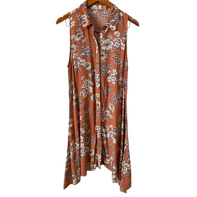Женская персиковый цветочный без рукавов кнопка вверх туника верхняя длинная линия блузка богемный - Изображение 1 из 4