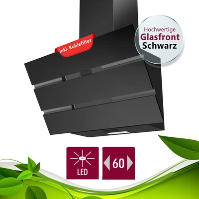 GERATEK Dunstabzugshaube Schräghaube 60 cm schwarz Glas LED A Umluft Abluft Kohlefilter