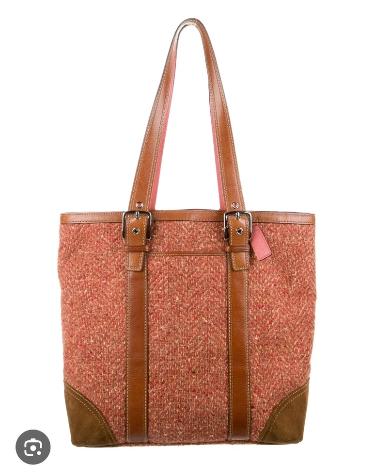 COACH Rare Hampton Tote Bag Tweed Brown Leather Suede Classic - Image 1 of 4