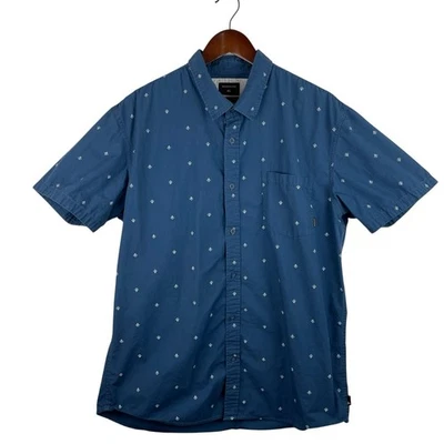 Quiksilver Size XL Blue White Print Modern Fit Button Short Sleeve Shirt Skate  - Image 1 of 4