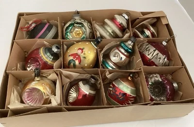 Lote De Colección De 12 Adornos De Vidrio Mercurio Pintados A Mano Algunas Hendiduras Foto 1 de 4