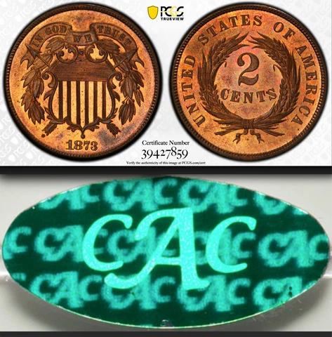 1873 PCGS PR65+ RB CAC $5,500-CU 600-Minted 75%-RED Proof KEY Two Cents 2C Piece Cover