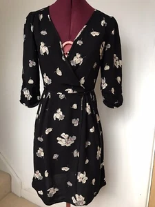 H&M Black Beige Pink Ditsy Floral Dress Faux Wrap 3/4 Sleeves V Neck 6 34 XS - Picture 1 of 8