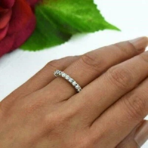 1Ct Round Cut Simulated Diamond Women's Half Eternity Ring 14K White Gold Plated - Picture 1 of 4
