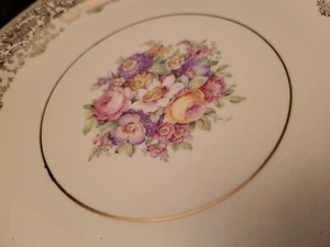 Edwin M Knowles halbglasig 10" Teller Made in USA Floral Gold Design Trim 39-7 - Bild 1 von 13
