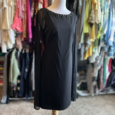 Adrianna Papell Gothic Size 6 Black Chiffon Split Full Sleeve Formal Dress Bead - Image 1 of 4
