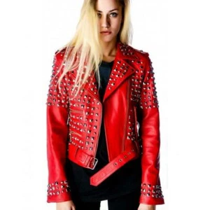 Women & Girls Lambskin Leather Spikes Cropped Motor Biker Jacket Slim-fit - Picture 1 of 3