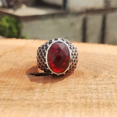 Anillos otomanos de plata maciza granate pluma de águila 925 hechos a mano turcos para hombre M197 Foto 1 de 4